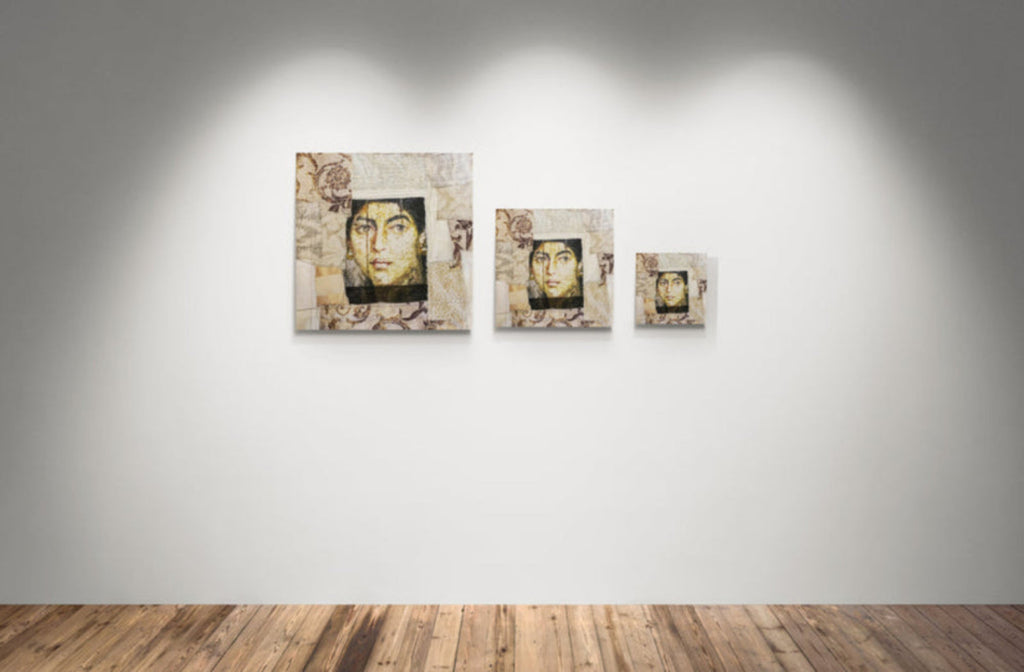 Textile art portrait of a woman’s face printed on fabric and stitched into a patchwork of vintage-inspired textiles in beige and gold tones.