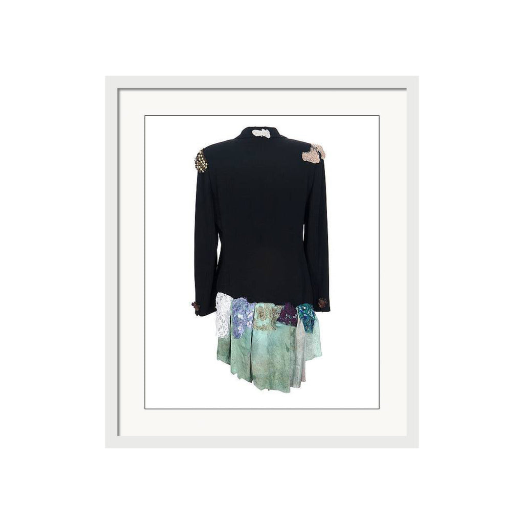 Art print of a one-of-a-kind jacket titled Kylia Jacket, designed by Sara Palacios with mixed lace, sequins, and hand-dyed fabric collage.