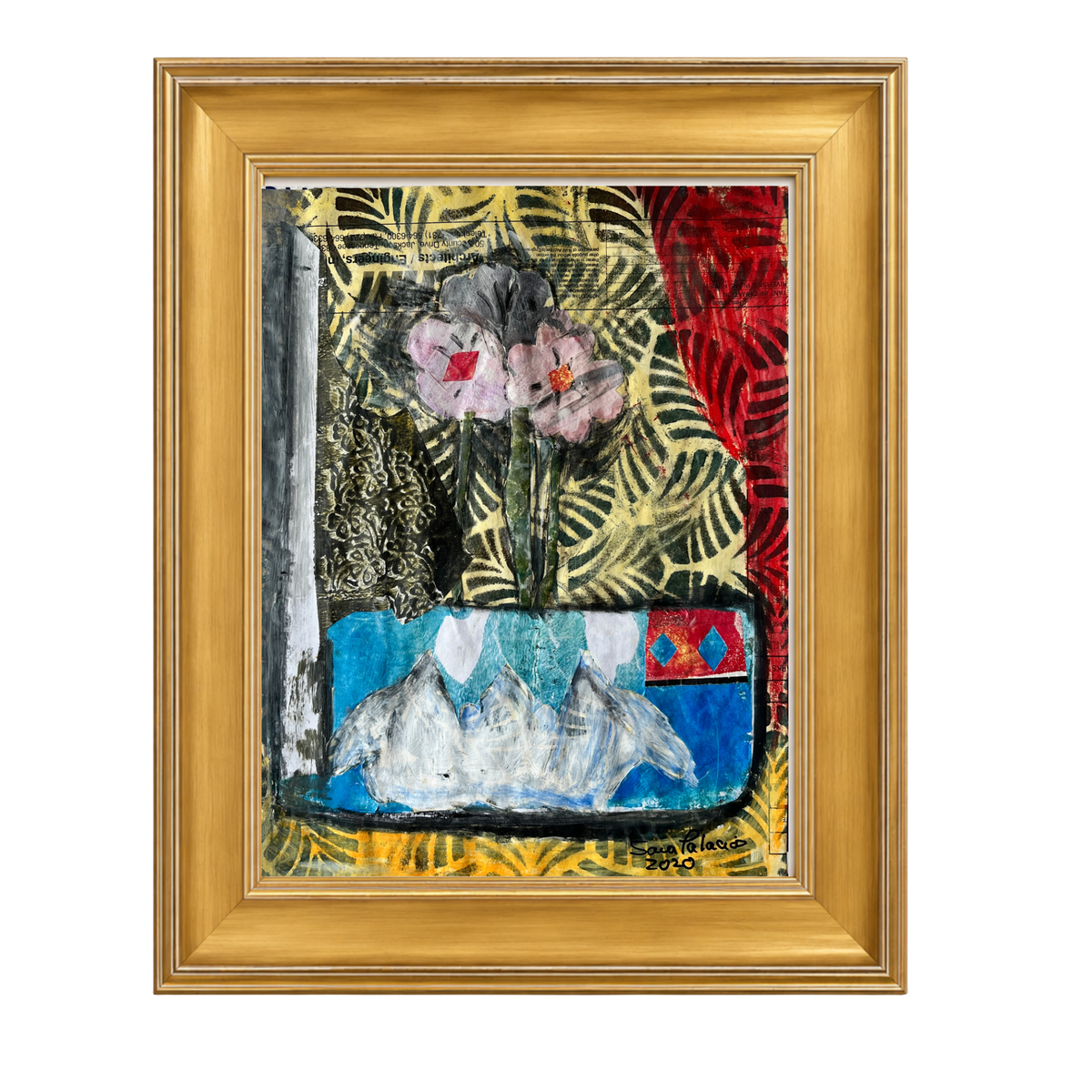 A framed abstract painting featuring a floral still life with pink flowers, yellow leaf patterns, a blue mountain-like form, and a red textured section, enclosed in a gold frame against a white background.
