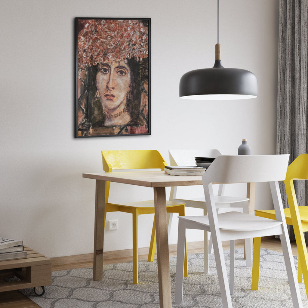 Fabric collage portrait of a woman named Lavina with soft eyes and a floral lace crown, surrounded by blush, rose, and vintage brown textile textures.