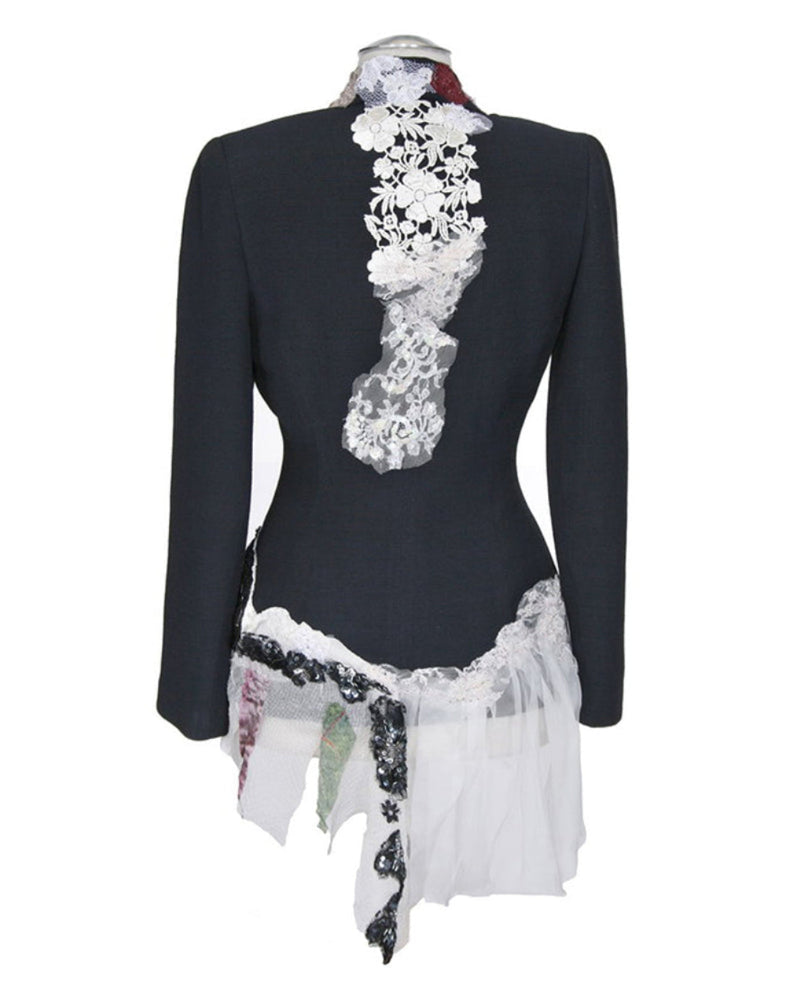 Art print of a couture jacket titled Madeline Jacket, created by Sara Palacios with white floral lace, sheer fabric, and black sequined detailing.