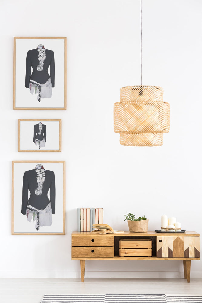 Art print of a couture jacket titled Madeline Jacket, created by Sara Palacios with white floral lace, sheer fabric, and black sequined detailing.