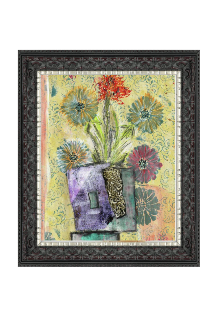 Framed artwork with floral design and decorative elements on a white background