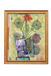 Framed artwork with colorful flowers and a purple house on a decorative background