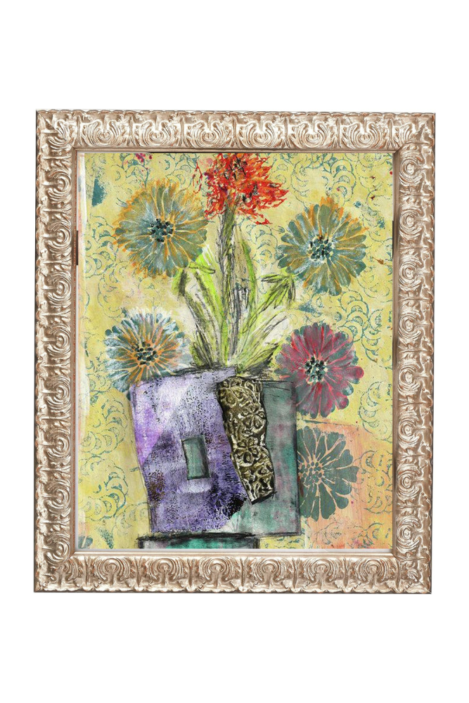 Framed artwork with colorful flowers and a decorative border