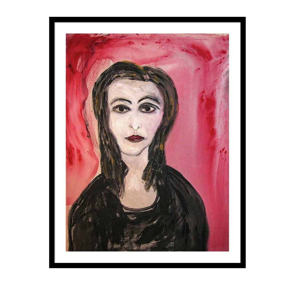 Expressionist portrait of a woman named Mirabel with intense eyes and dark clothing, set against red-pink abstract background. From the She in Red collection.