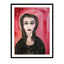 Expressionist portrait of a woman named Mirabel with intense eyes and dark clothing, set against red-pink abstract background. From the She in Red collection.