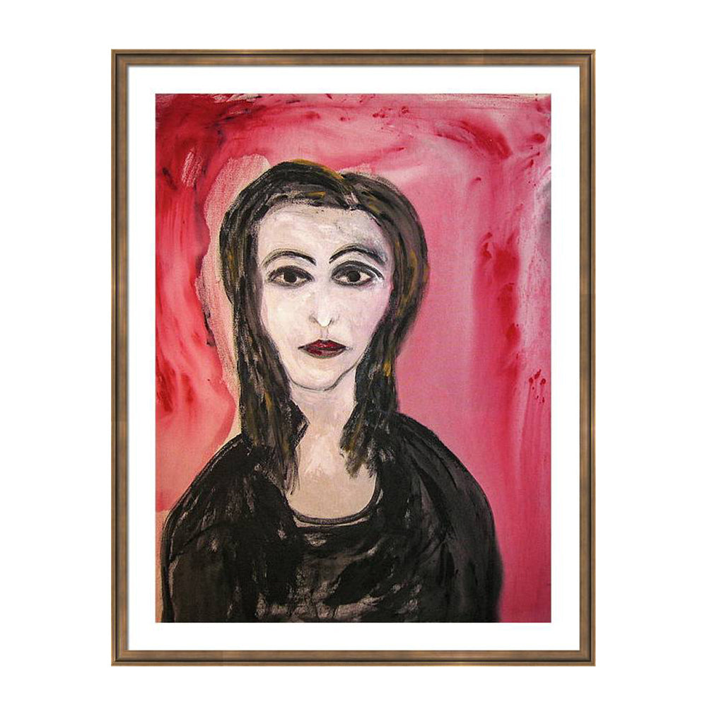 Expressionist portrait of a woman named Mirabel with intense eyes and dark clothing, set against red-pink abstract background. From the She in Red collection.