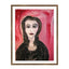 Expressionist portrait of a woman named Mirabel with intense eyes and dark clothing, set against red-pink abstract background. From the She in Red collection.