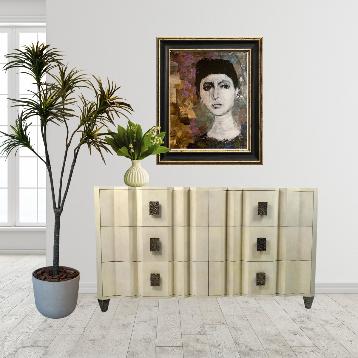 Nadia fine art print by contemporary artist Sara Palacios, featuring an elegant and expressive mixed-media portrait with exceptional narrative depth and detailed gallery textures. Framed in a black and gold frame.