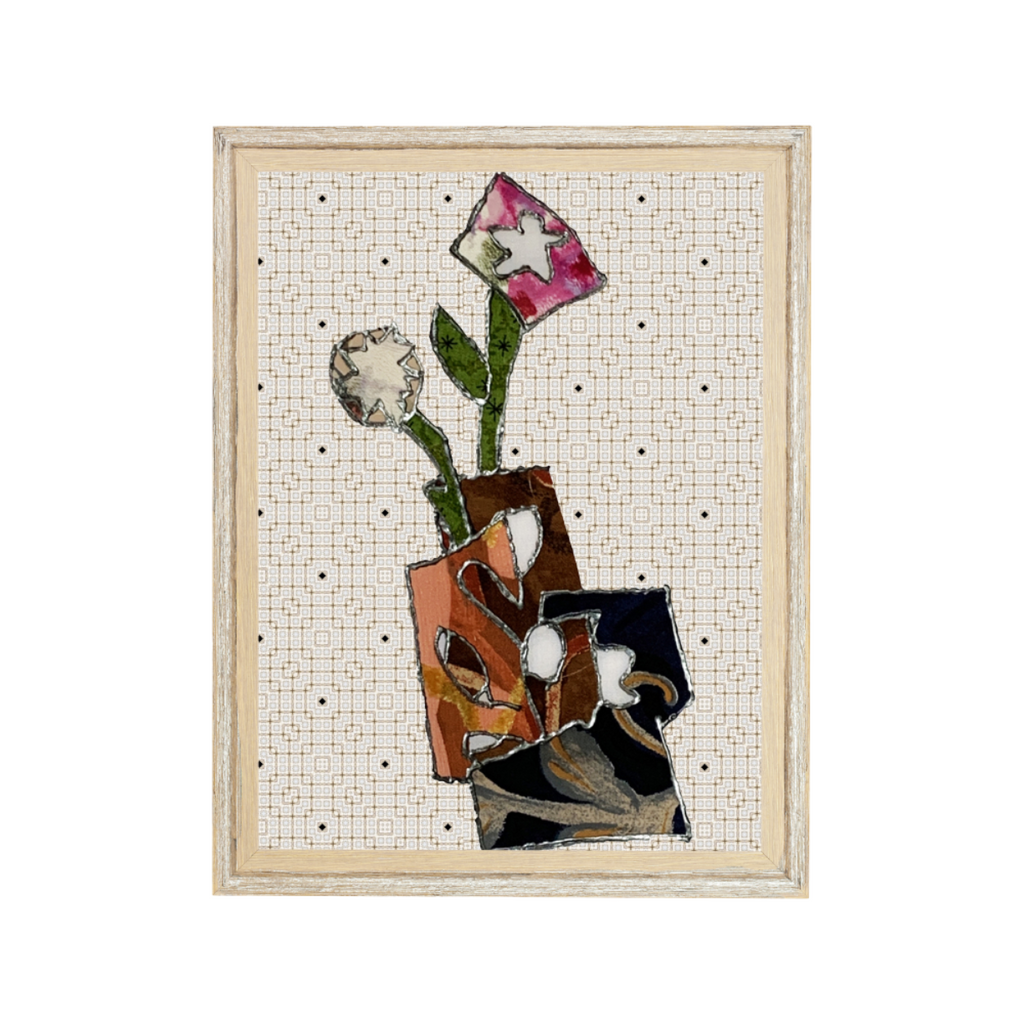 Framed mosaic artwork of flowers and geometric shapes on a grid background