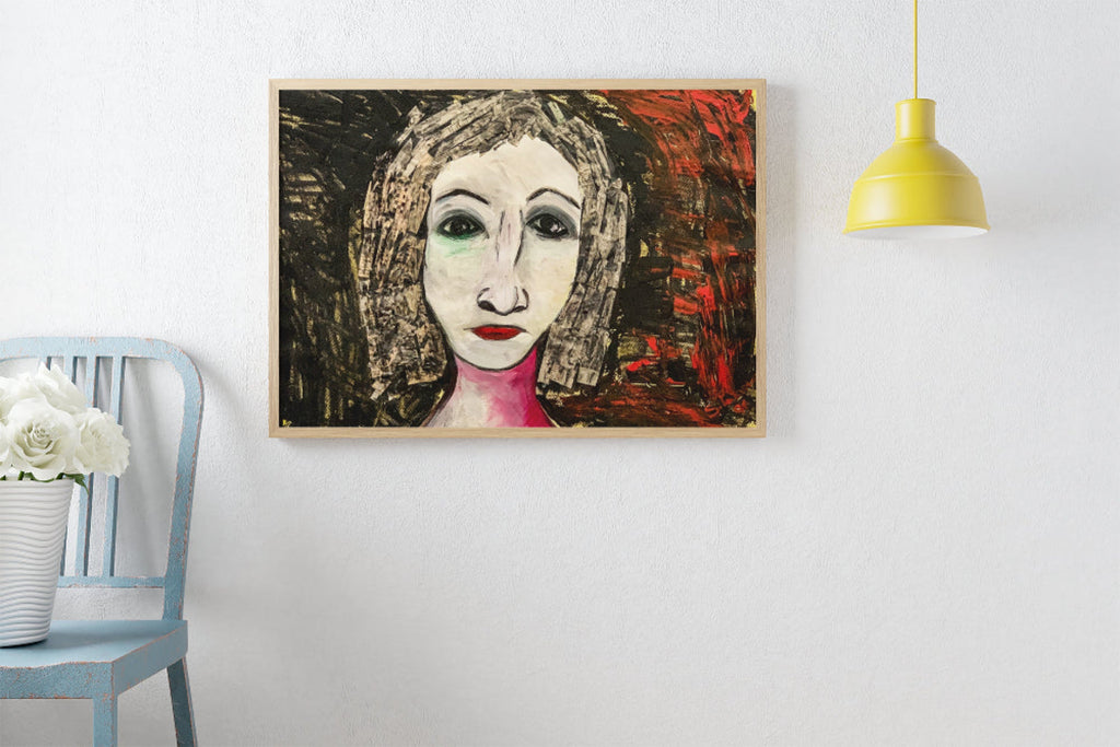 Portrait of a woman named Regina with red lips, expressive eyes, and textured black-and-red collage hair, against a dark painted background.