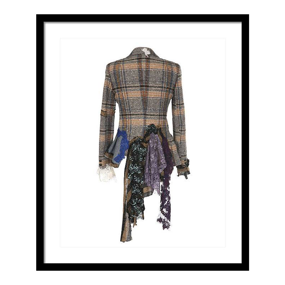 Art print of a handmade plaid jacket titled Rosalie Jacket, designed by Sara Palacios with layered lace, fiber embellishments, and vintage tailoring.