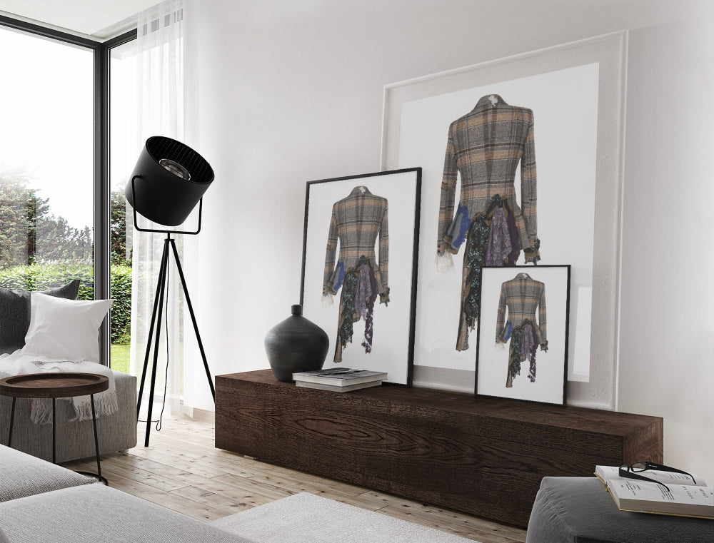 Art print of a handmade plaid jacket titled Rosalie Jacket, designed by Sara Palacios with layered lace, fiber embellishments, and vintage tailoring.