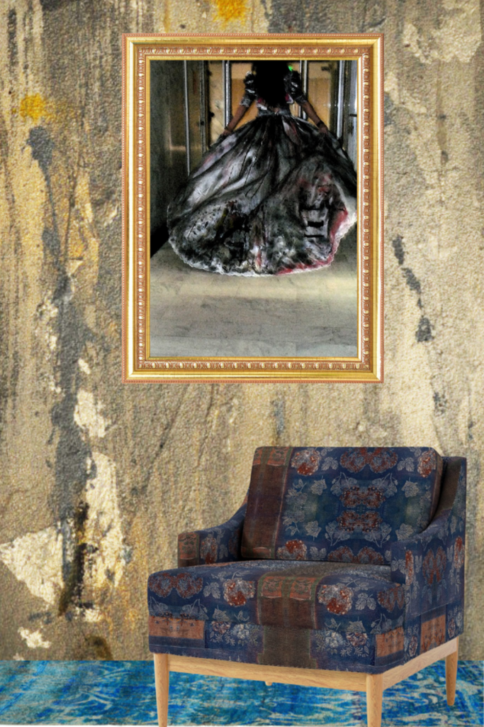 Framed artwork of a woman in a black dress on a textured wall with a patterned chair below.
