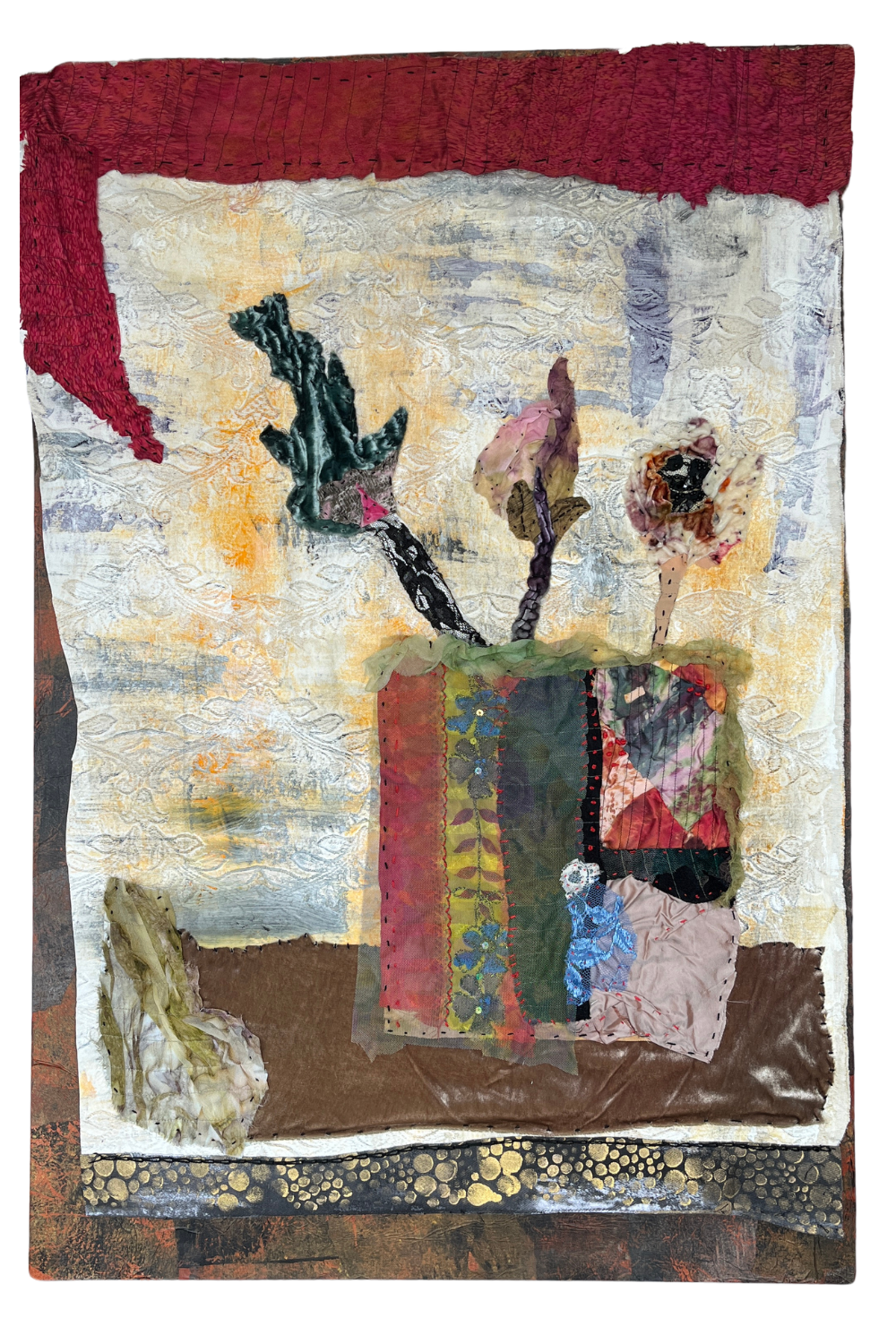 textile art: red top, white and yellow background, abstract base with 3 abstract flowers