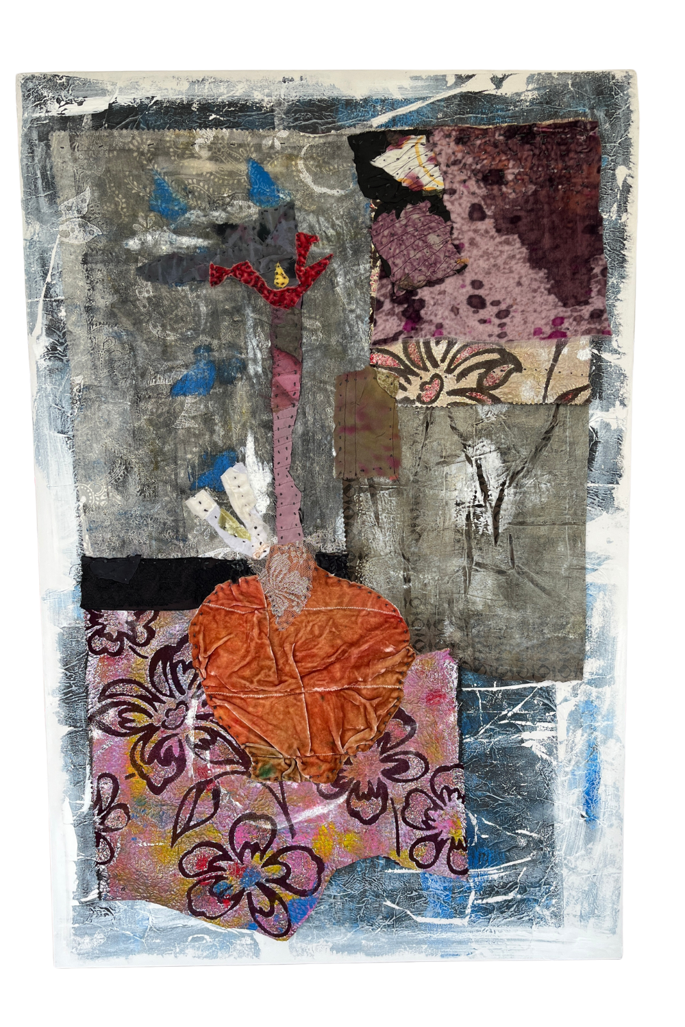 textile art abstract, orange base with abstract flower