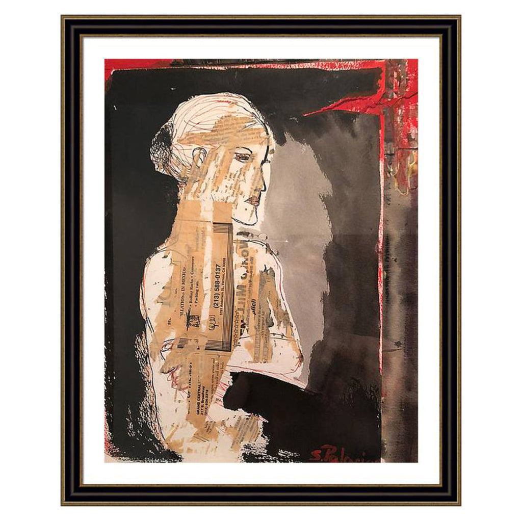 Collage portrait of a woman in profile made with torn paper, receipts, ink, and red accents. A mixed media reinterpretation from the She in Red series.