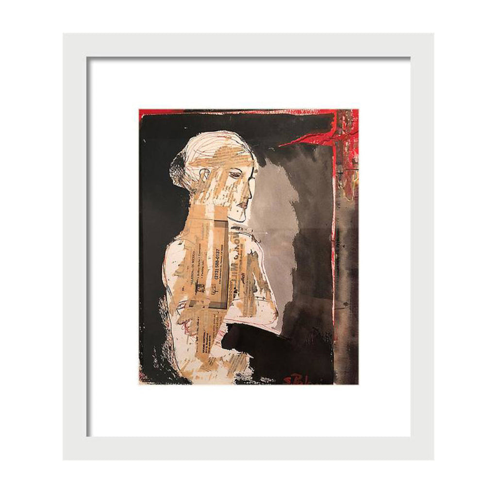 Collage portrait of a woman in profile made with torn paper, receipts, ink, and red accents. A mixed media reinterpretation from the She in Red series.