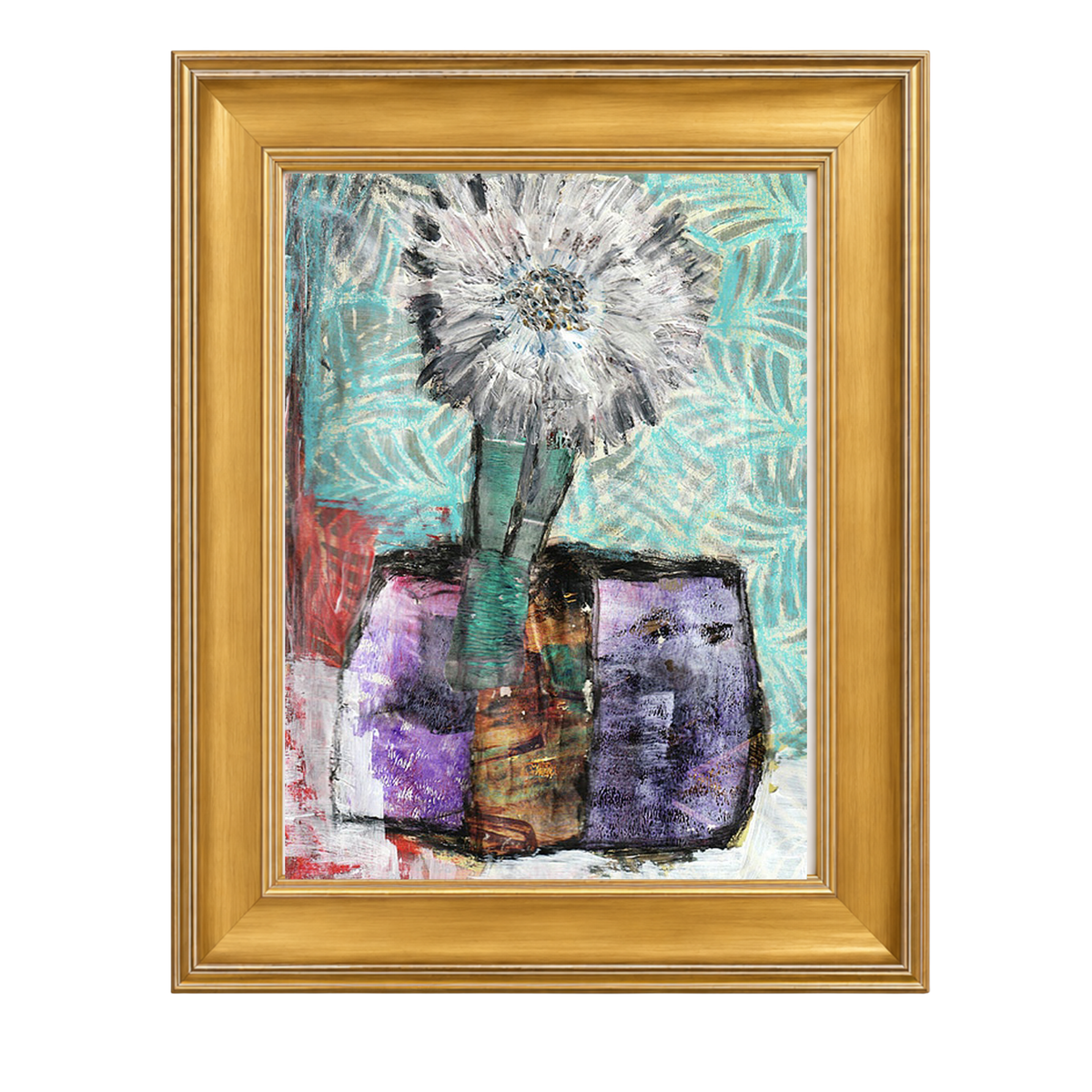 Mixed media collage titled Snow Moon by Sara Palacios. The artwork features a large white textured flower in a teal vase, set against a patterned turquoise background with layered purple and red blocks, creating a cool, modern composition. Framed in a matted gold frame.