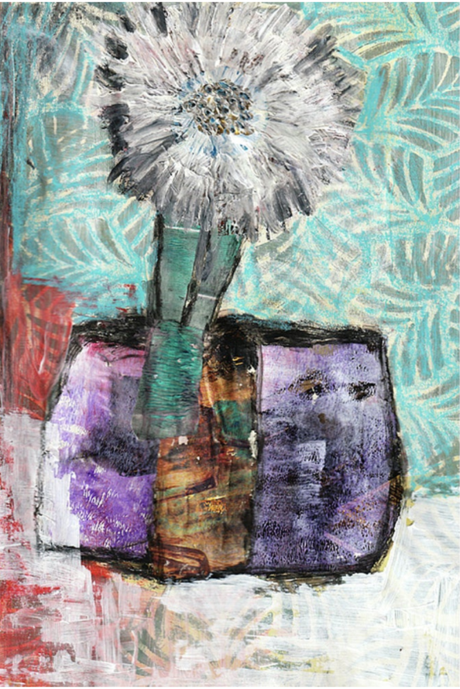 Abstract artwork with a vase and flowers on a textured background