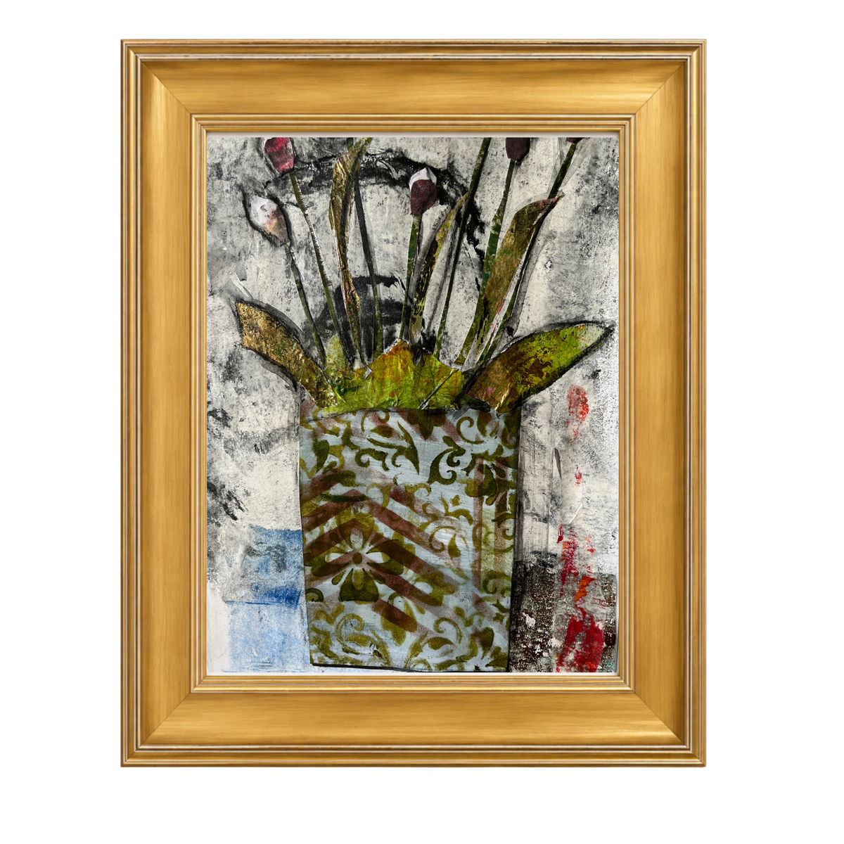 Framed mixed-media floral artwork featuring a patterned vase with stems and leaves, set within a gold frame shown against a plain white background.