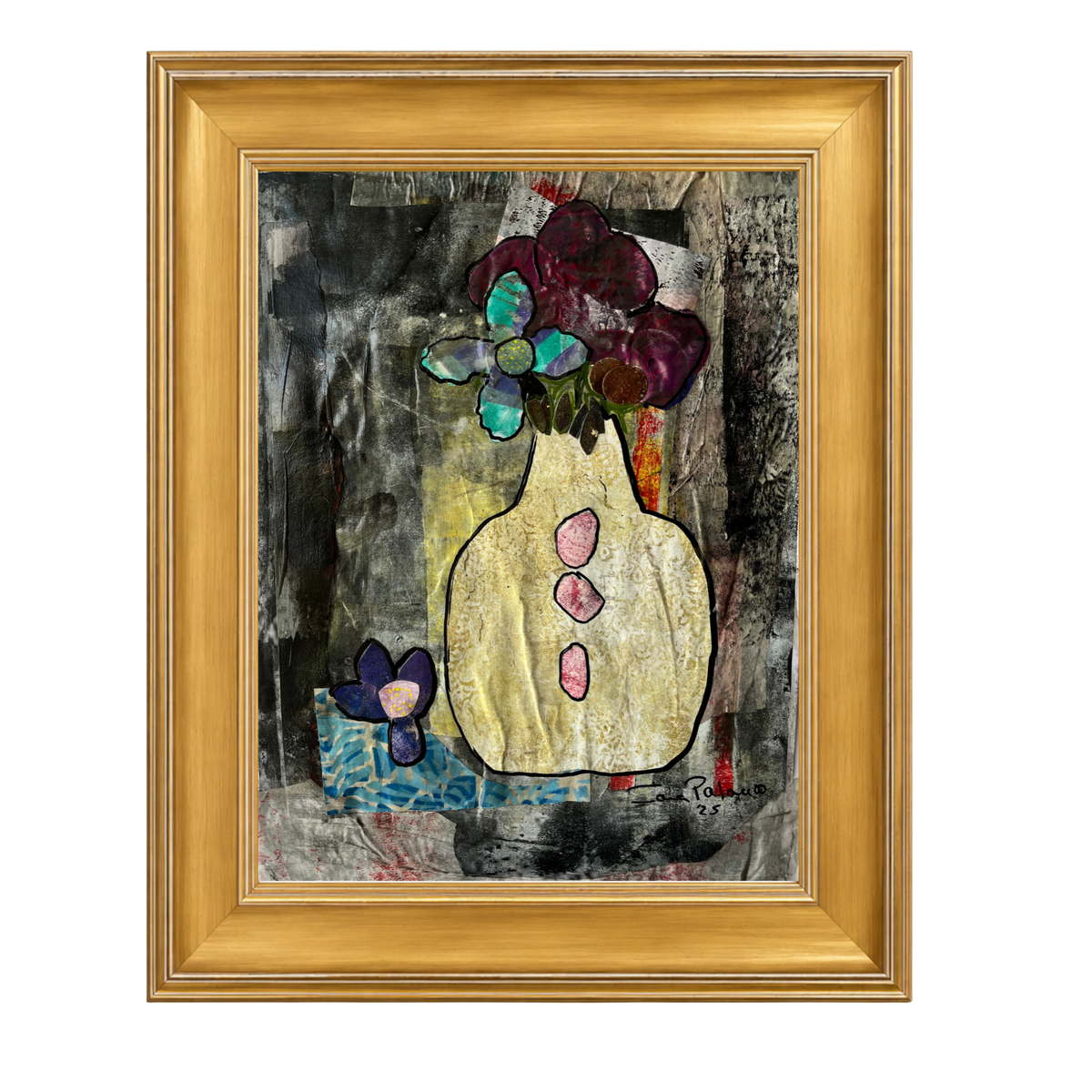 A framed mixed-media painting of a vase with flowers, featuring a textured black and gray background, a cream-colored vase with pink accents, and purple, teal, and blue floral elements. The artwork is housed in a gold frame, shown against a plain white background.