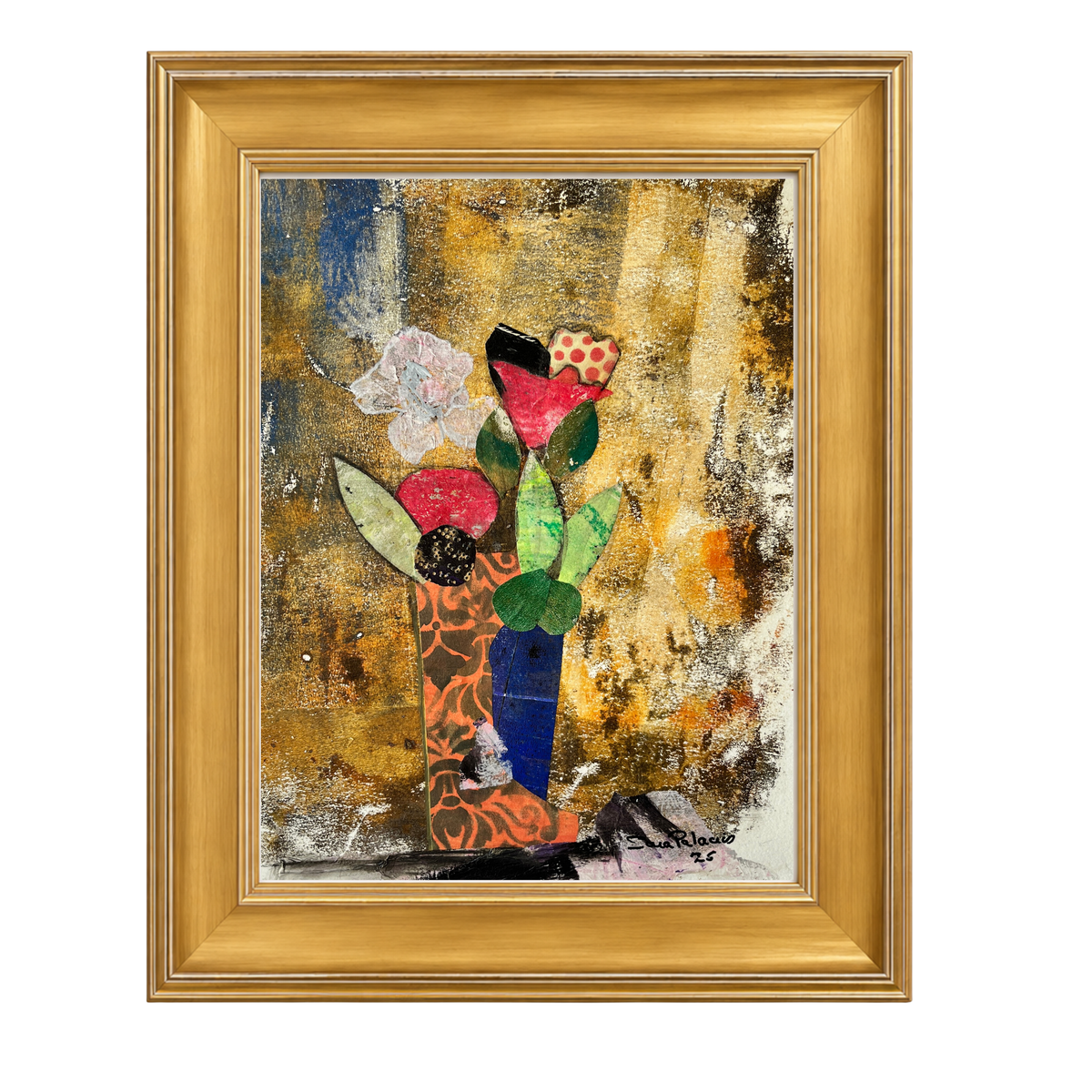Abstract artwork with flowers and a vase on a textured background. Framed in a gold frame.