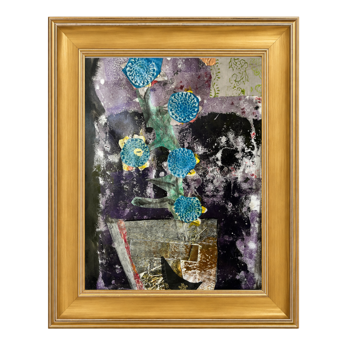 A framed abstract art print featuring textured purple, black, and gold backgrounds with blue circular floral motifs, enclosed in a gold frame.