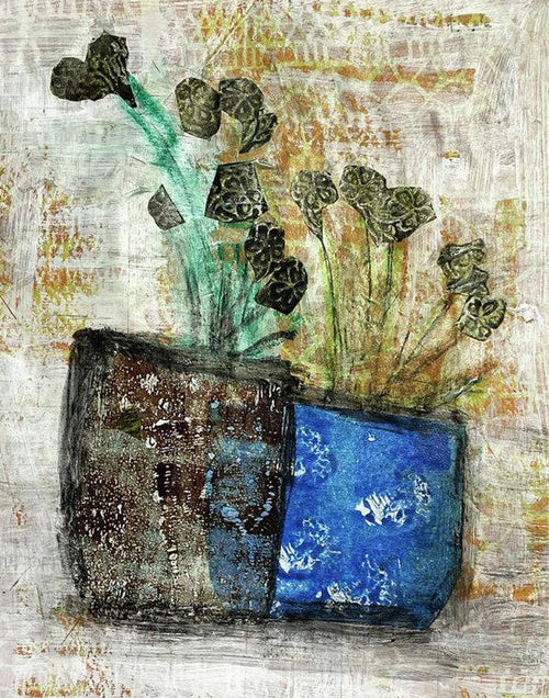 Abstract artwork with a blue vase and green plant on a textured background