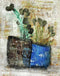 Abstract artwork with a blue vase and green plant on a textured background