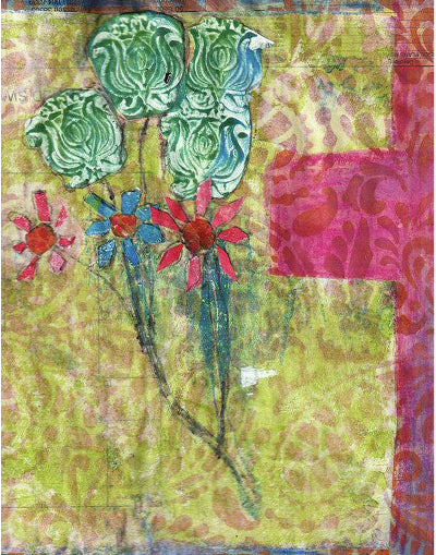 Abstract artwork with floral elements on a textured background