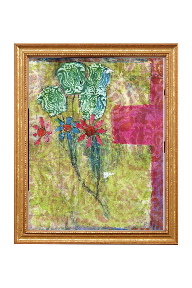 Framed artwork with floral design on a textured background