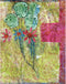 Mixed media collage titled The Dancing Moon by Sara Palacios. This vibrant piece features playful green and red floral forms with swirling textures, set against a richly layered background of lime green, magenta, and soft pink patterns. The composition evokes movement and joy, blending botanical shapes with dynamic color and texture.