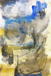 Abstract art with blue and yellow strokes on a textured background