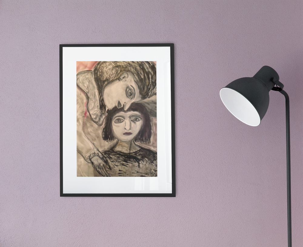 Expressionist painting of two women, one whispering to the other in an intimate gesture. Their eyes are wide and solemn, with soft red and gray tones.