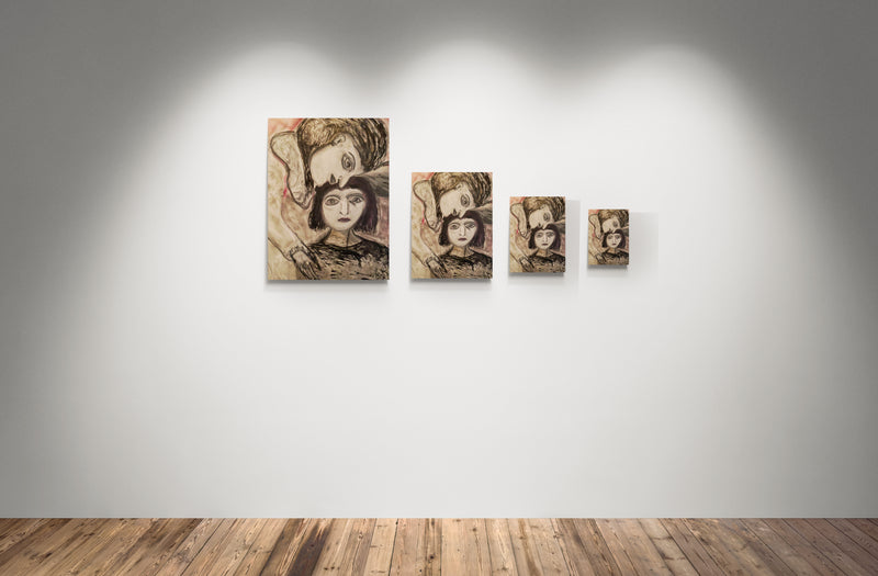 Expressionist painting of two women, one whispering to the other in an intimate gesture. Their eyes are wide and solemn, with soft red and gray tones.