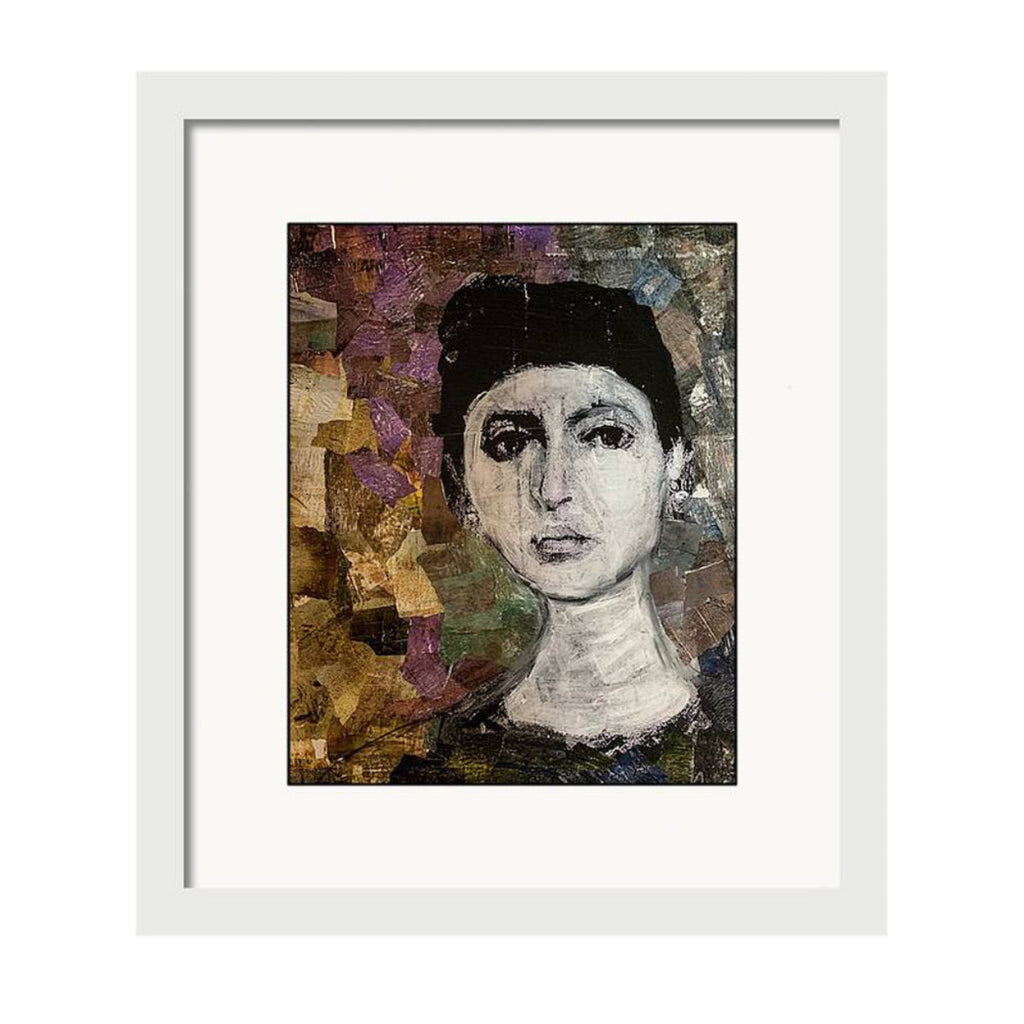 Collage portrait of a woman in grayscale with a serious expression, surrounded by layered hand-painted papers in muted purples, browns, and greens.
