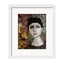 Collage portrait of a woman in grayscale with a serious expression, surrounded by layered hand-painted papers in muted purples, browns, and greens.