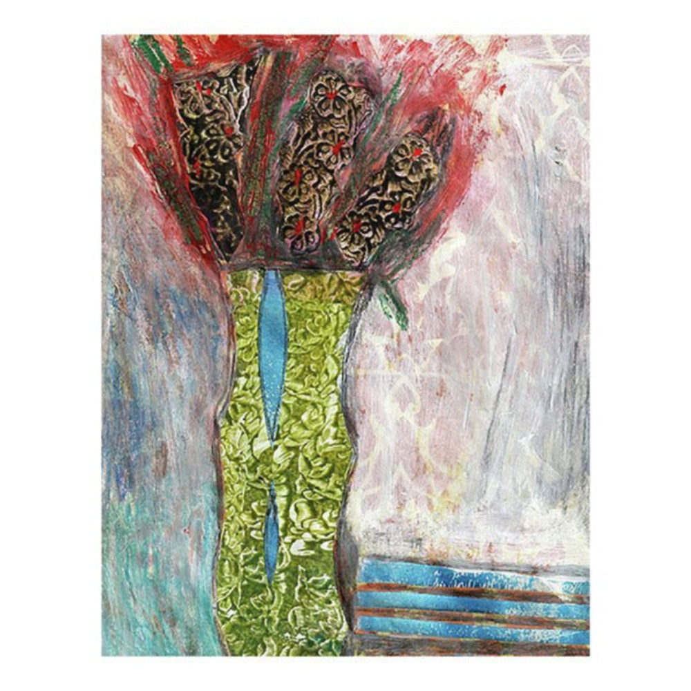 Mixed media collage titled Ice Moon by Sara Palacios. The piece showcases a tall green vase with blue accents holding dark, richly patterned blooms, surrounded by textured strokes in cool blues and soft pinks. The layered background and dramatic color contrast evoke a wintery, elegant mood.