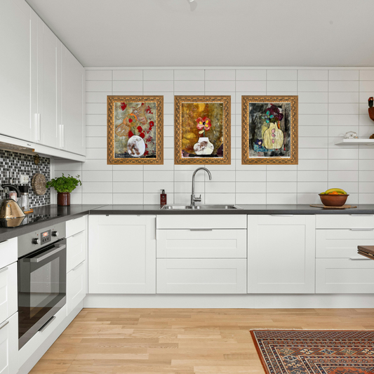   Warm kitchen interior styled with artistic kitchen wall decor and colorful kitchen wall art creating a cozy home atmosphere.
