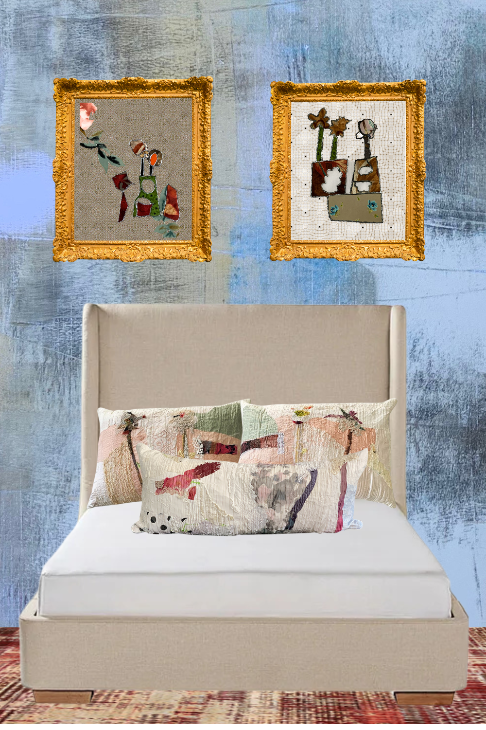 Custom Shelter bed with decorative bed pillows and art print decor above the headboard