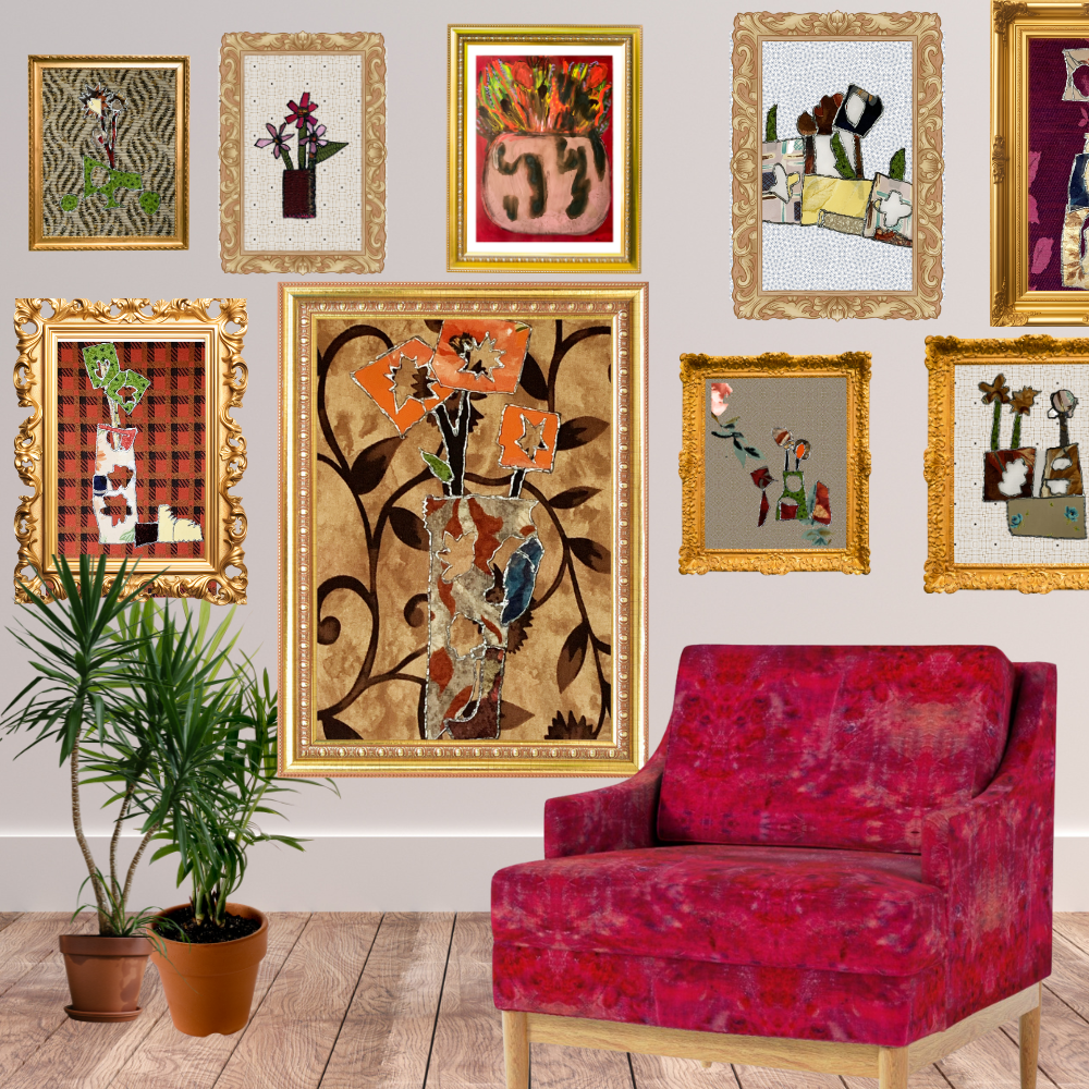 Living room with colorful framed art and a red accent chair, showing how art transforms a space into warmth and personality.