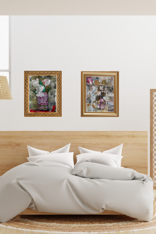  A serene bedroom decorated with floral and abstract wall art prints, soft bedding, and cozy lighting, creating a peaceful retreat.