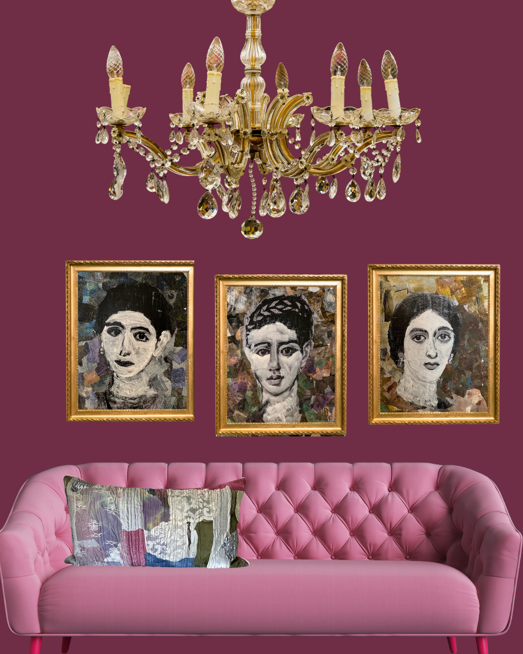 Portrait gallery wall with three gold-framed artworks above a pink sofa and chandelier.
