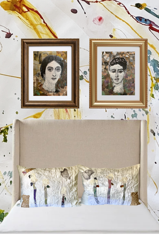 curated bedroom wall art, with an upholstered bed and white patchwork pillows