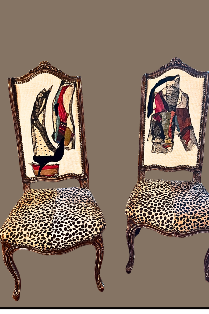 Art furniture dining chairs customized with hand-painted textile artwork, transforming vintage chairs into modern functional art