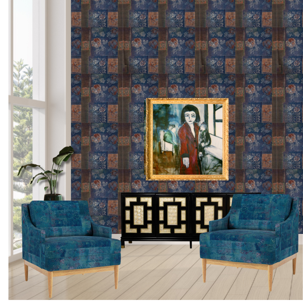 Layered living room with white sofa, framed colorful artwork, patterned wallpaper, and accent chair for a curated interior design look.