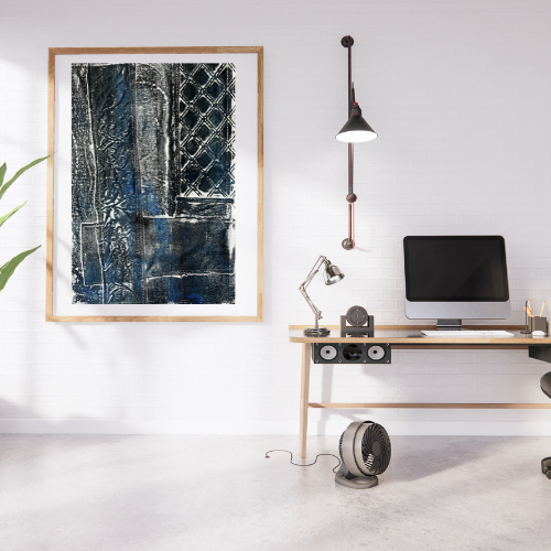 dark blue abstract fine art print in an office