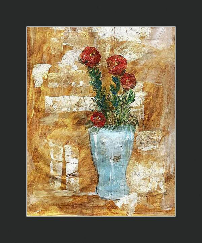 Mixed media collage titled Blue Moon by Sara Palacios. The piece shows red flowers with green stems arranged in a soft blue vase, set against a golden-brown textured background with layered, torn paper elements that create depth and warmth.